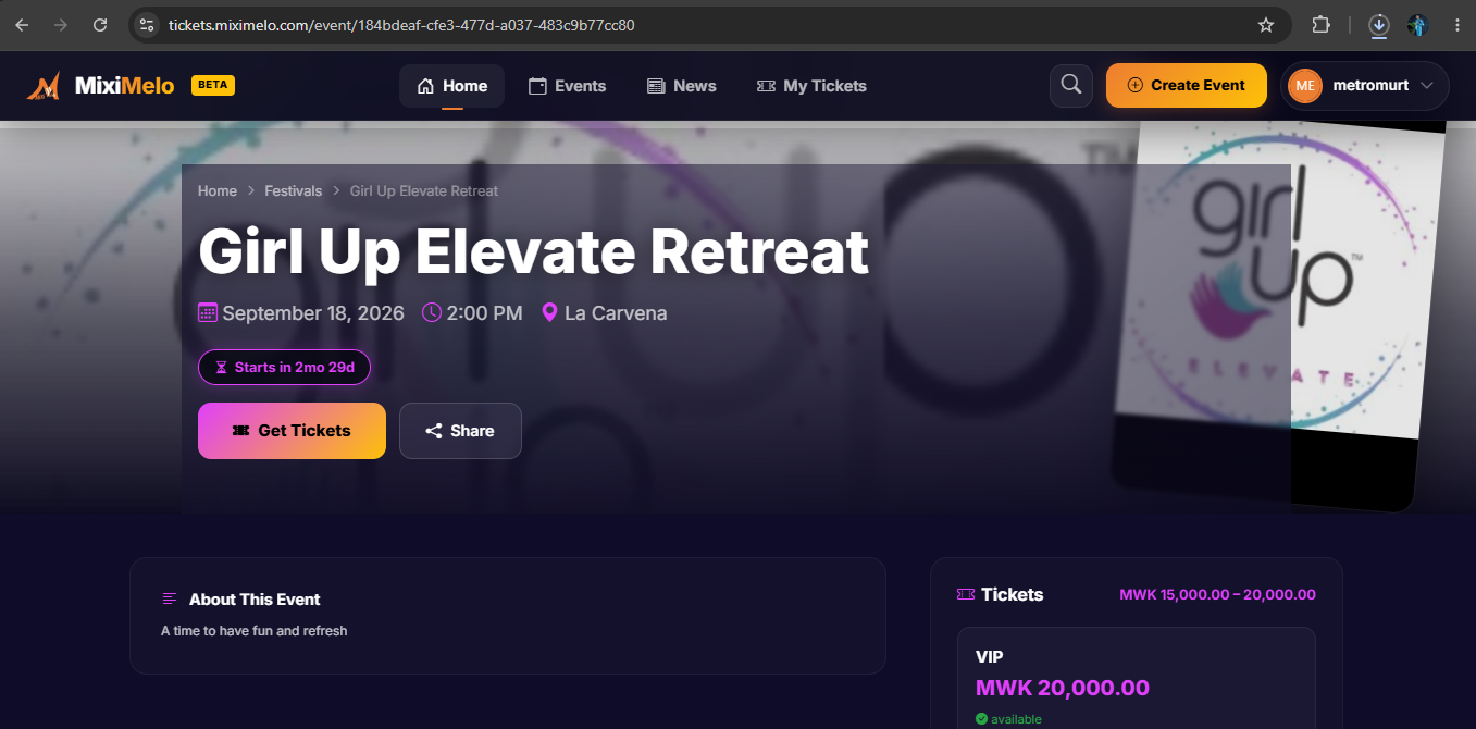 Sample of Event page where pricing of tickets and details of the Event are displayed